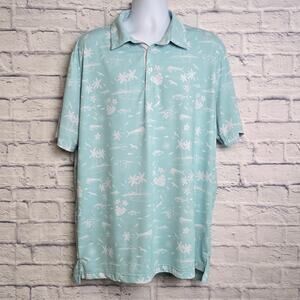 Scales Mens XL Light Blue Never A Tourist Polo Shirt White Caribbean Pattern